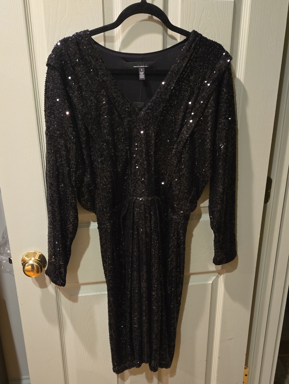 White House Black Market Black Sequin Long-Sleeve V-Neck Cocktail Dress